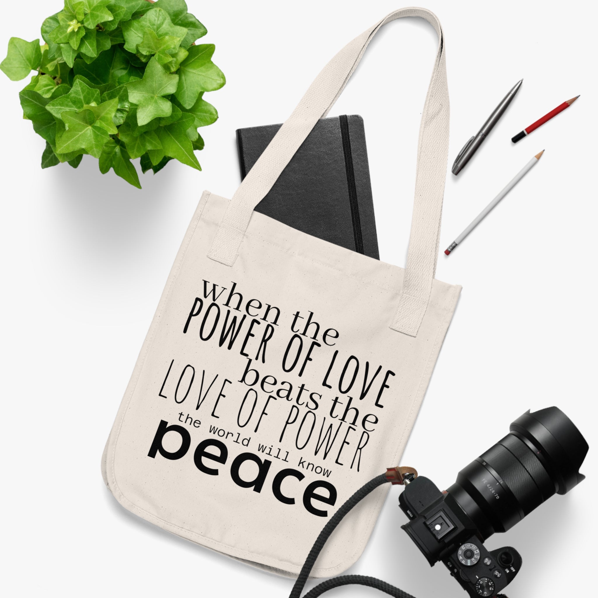 Peace Quote Canvas Tote — "When the power of love beats the love of power the world will know peace"
