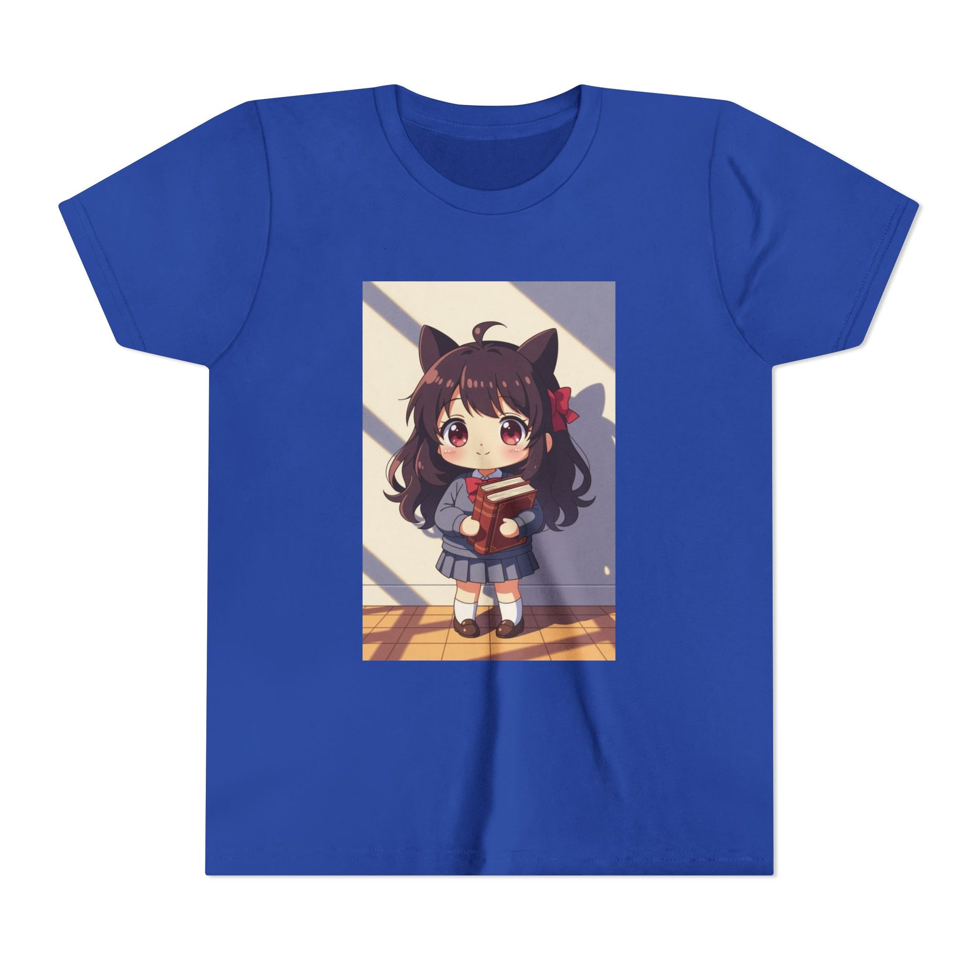 Bunny Bookworm Adventures: The Cute Anime Cat Girl Youth Tee, Kawaii T-Shirt, Teen Fashion, Gift for Anime Lovers, Summer Outfit, Playful Casual Wear