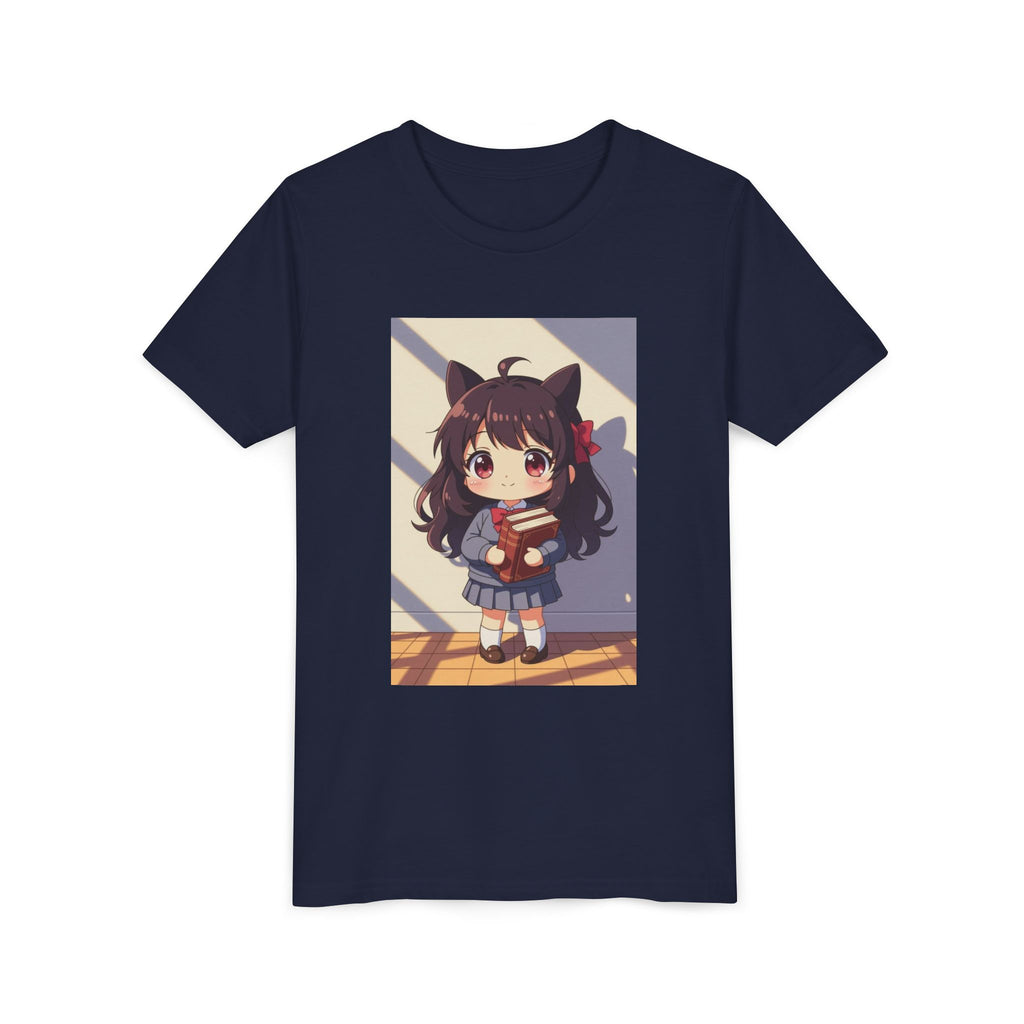 Bunny Bookworm Adventures: The Cute Anime Cat Girl Youth Tee, Kawaii T-Shirt, Teen Fashion, Gift for Anime Lovers, Summer Outfit, Playful Casual Wear