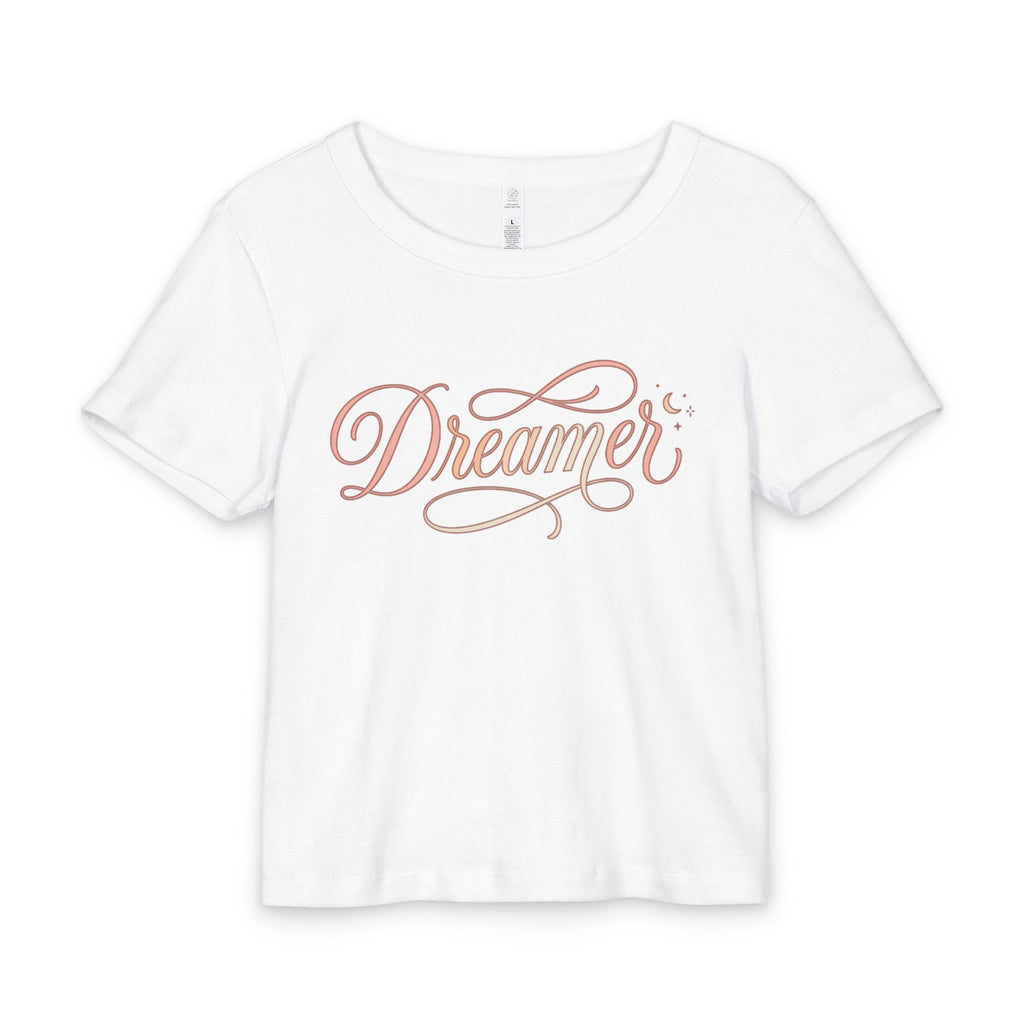 Dreamer Rib Baby Tee — Feminine 'Dreamer' Script Crop Tee with Moon Watercolor Back