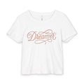 Dreamer Rib Baby Tee — Feminine 'Dreamer' Script Crop Tee with Moon Watercolor Back