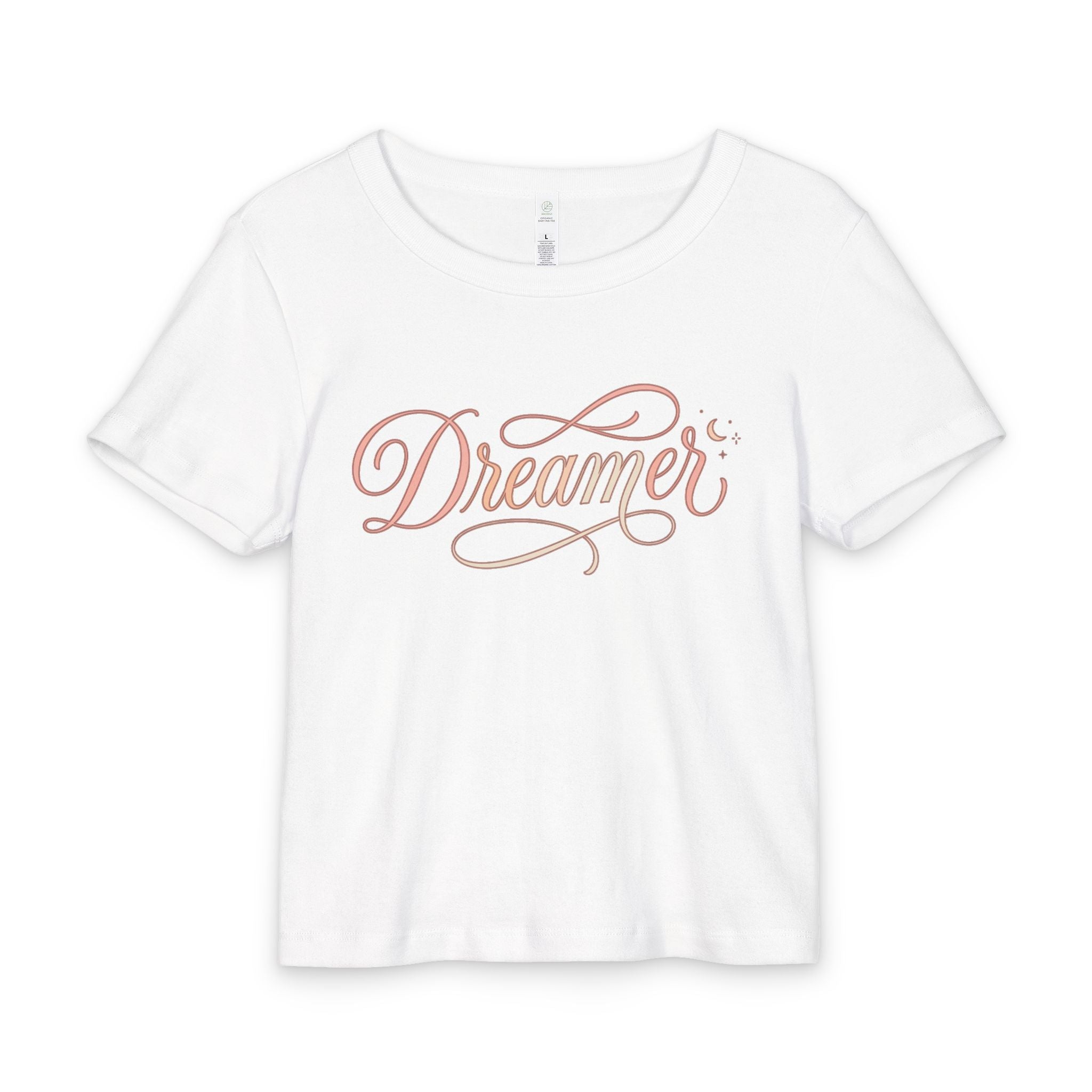 Dreamer Rib Baby Tee — Feminine 'Dreamer' Script Crop Tee with Moon Watercolor Back