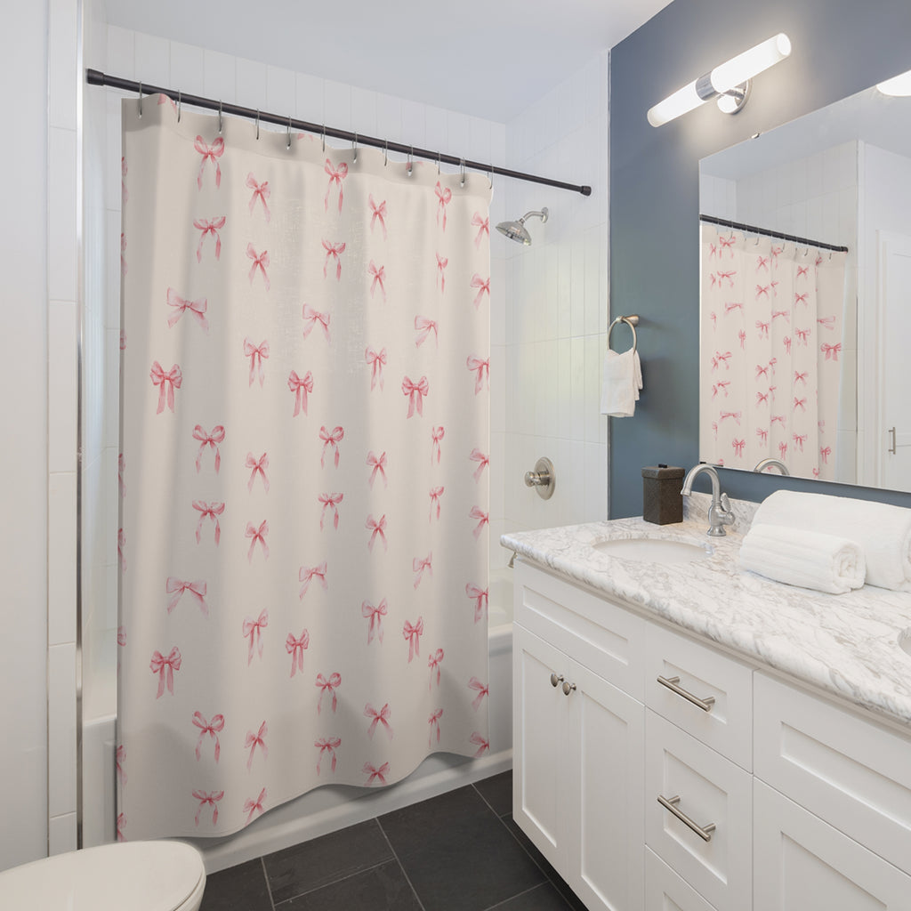 Pink Watercolor Bow Shower Curtain – Cute Feminine Bathroom Decor