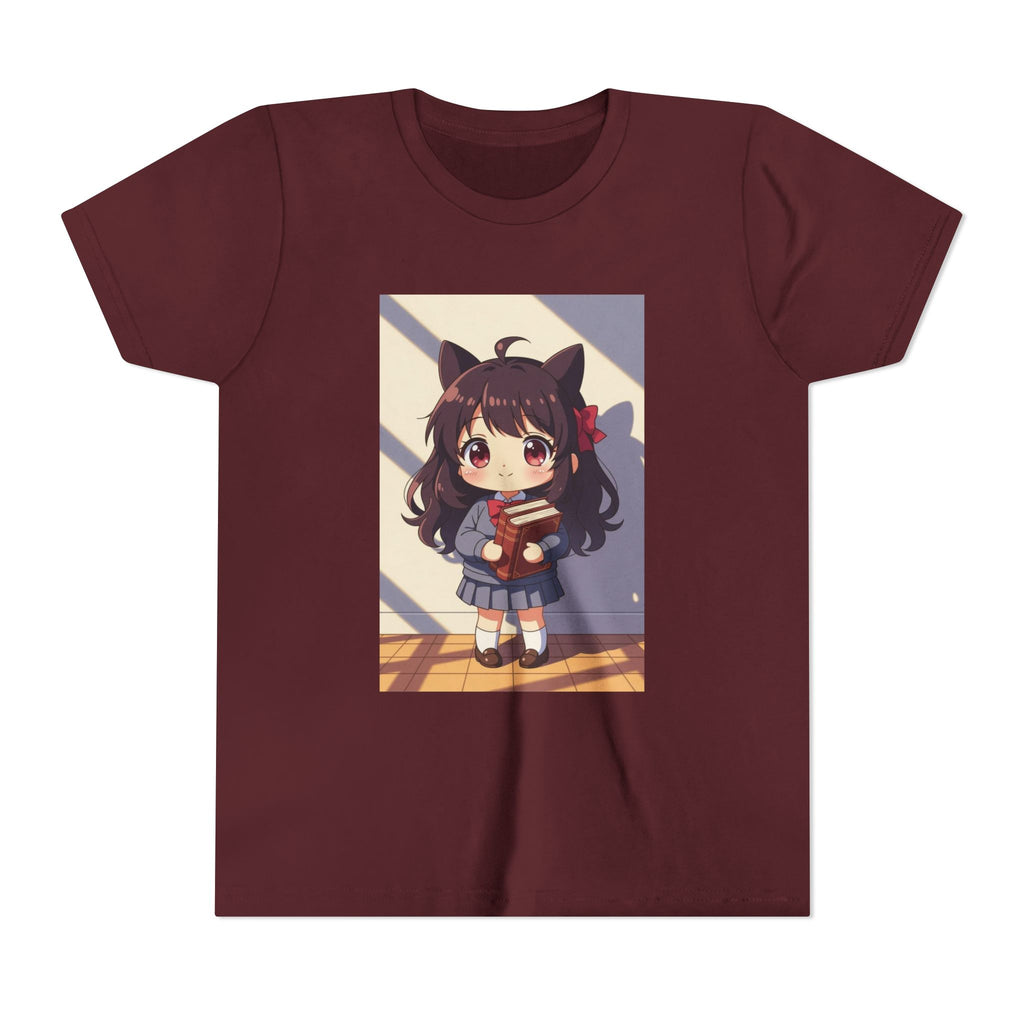 Bunny Bookworm Adventures: The Cute Anime Cat Girl Youth Tee, Kawaii T-Shirt, Teen Fashion, Gift for Anime Lovers, Summer Outfit, Playful Casual Wear