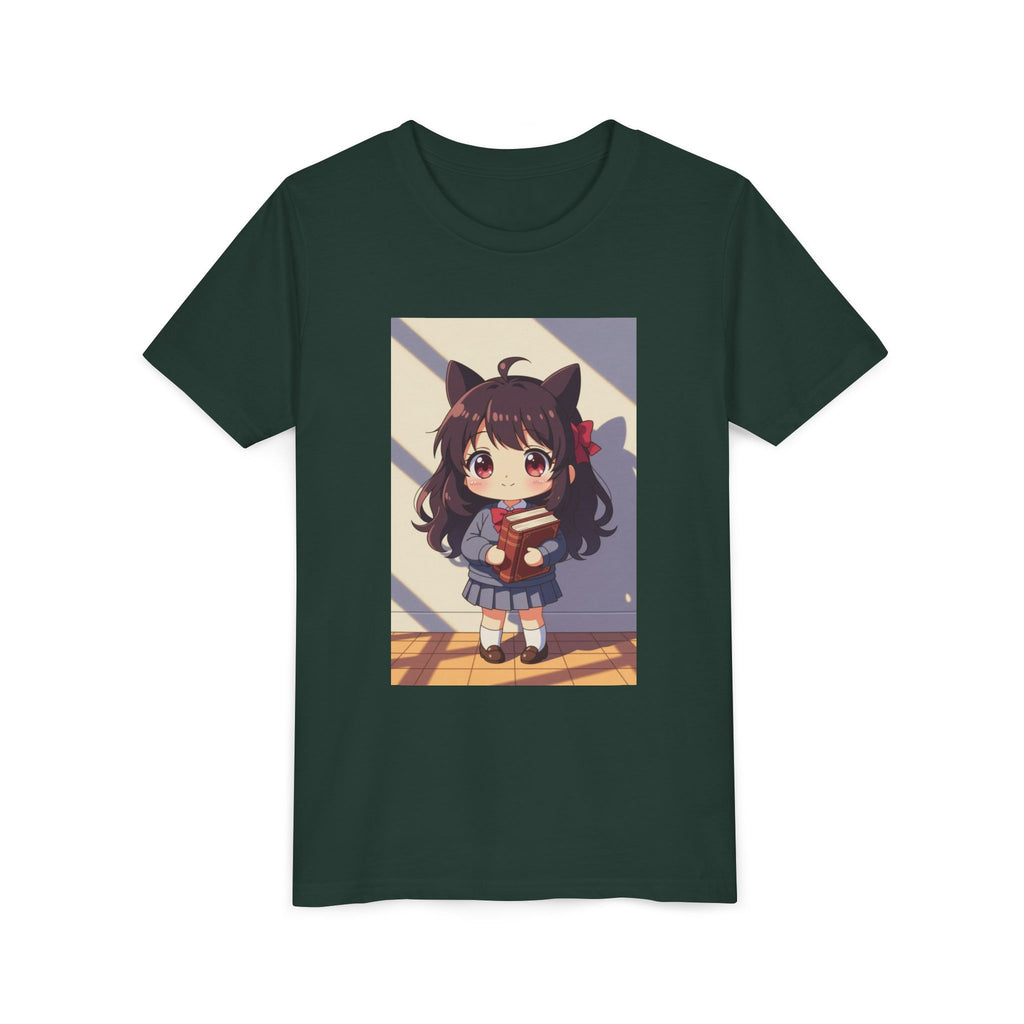 Bunny Bookworm Adventures: The Cute Anime Cat Girl Youth Tee, Kawaii T-Shirt, Teen Fashion, Gift for Anime Lovers, Summer Outfit, Playful Casual Wear