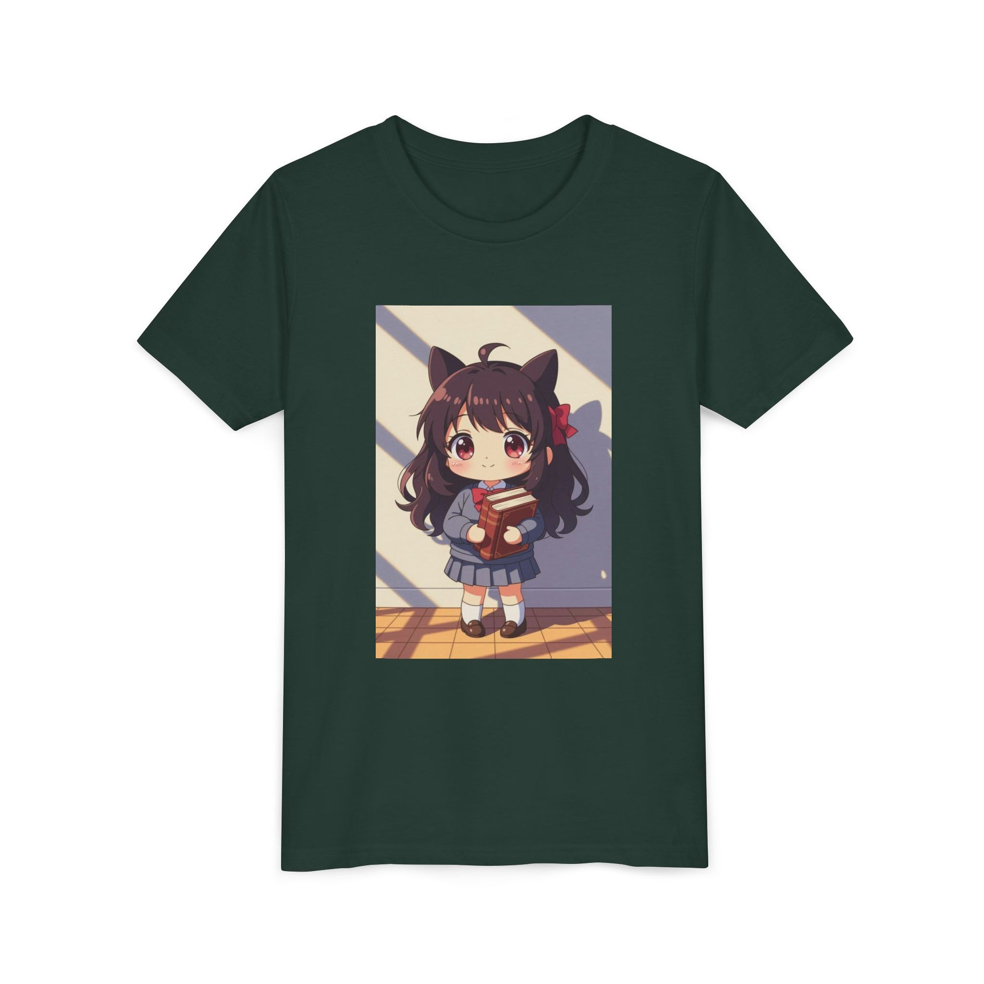 Bunny Bookworm Adventures: The Cute Anime Cat Girl Youth Tee, Kawaii T-Shirt, Teen Fashion, Gift for Anime Lovers, Summer Outfit, Playful Casual Wear