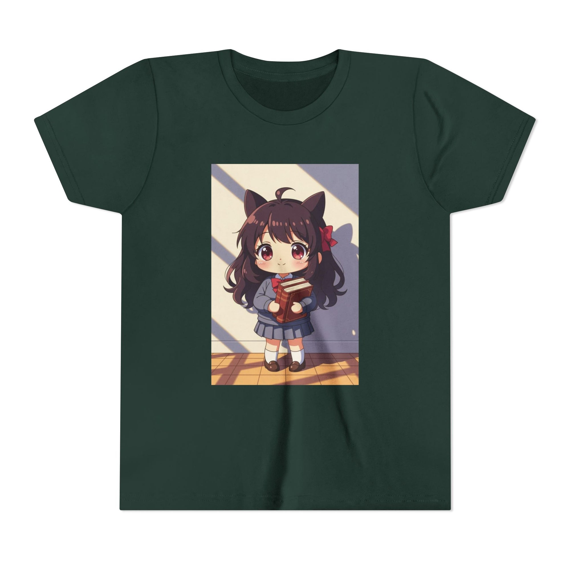 Bunny Bookworm Adventures: The Cute Anime Cat Girl Youth Tee, Kawaii T-Shirt, Teen Fashion, Gift for Anime Lovers, Summer Outfit, Playful Casual Wear