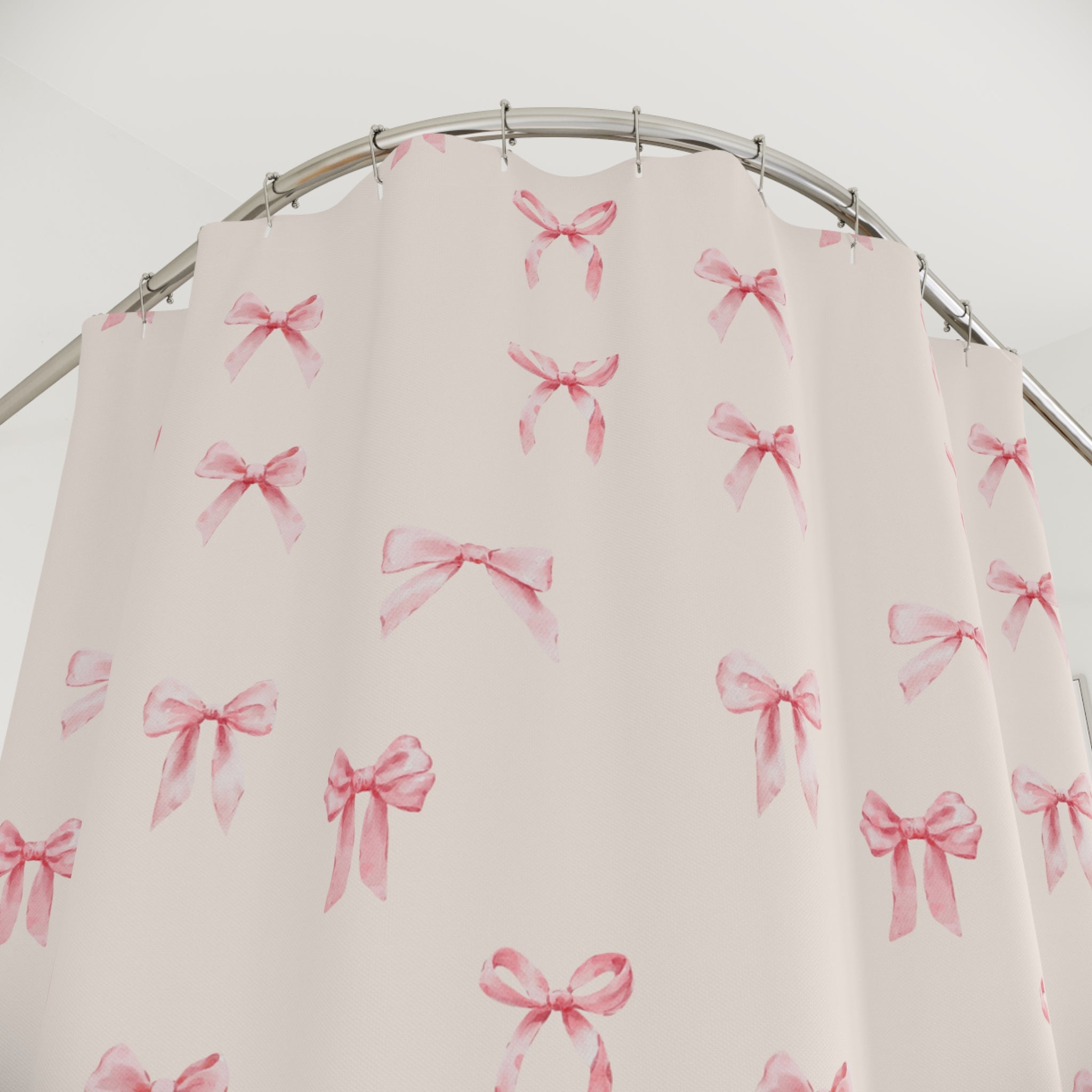 Pink Watercolor Bow Shower Curtain – Cute Feminine Bathroom Decor
