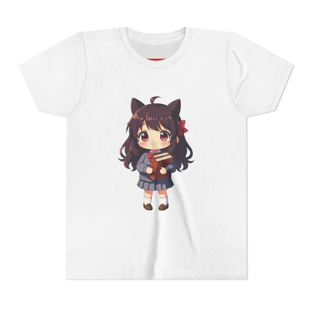 Bunny Bookworm Adventures: The Cute Anime Cat Girl Youth Tee, Kawaii T-Shirt, Teen Fashion, Gift for Anime Lovers, Summer Outfit, Playful Casual Wear