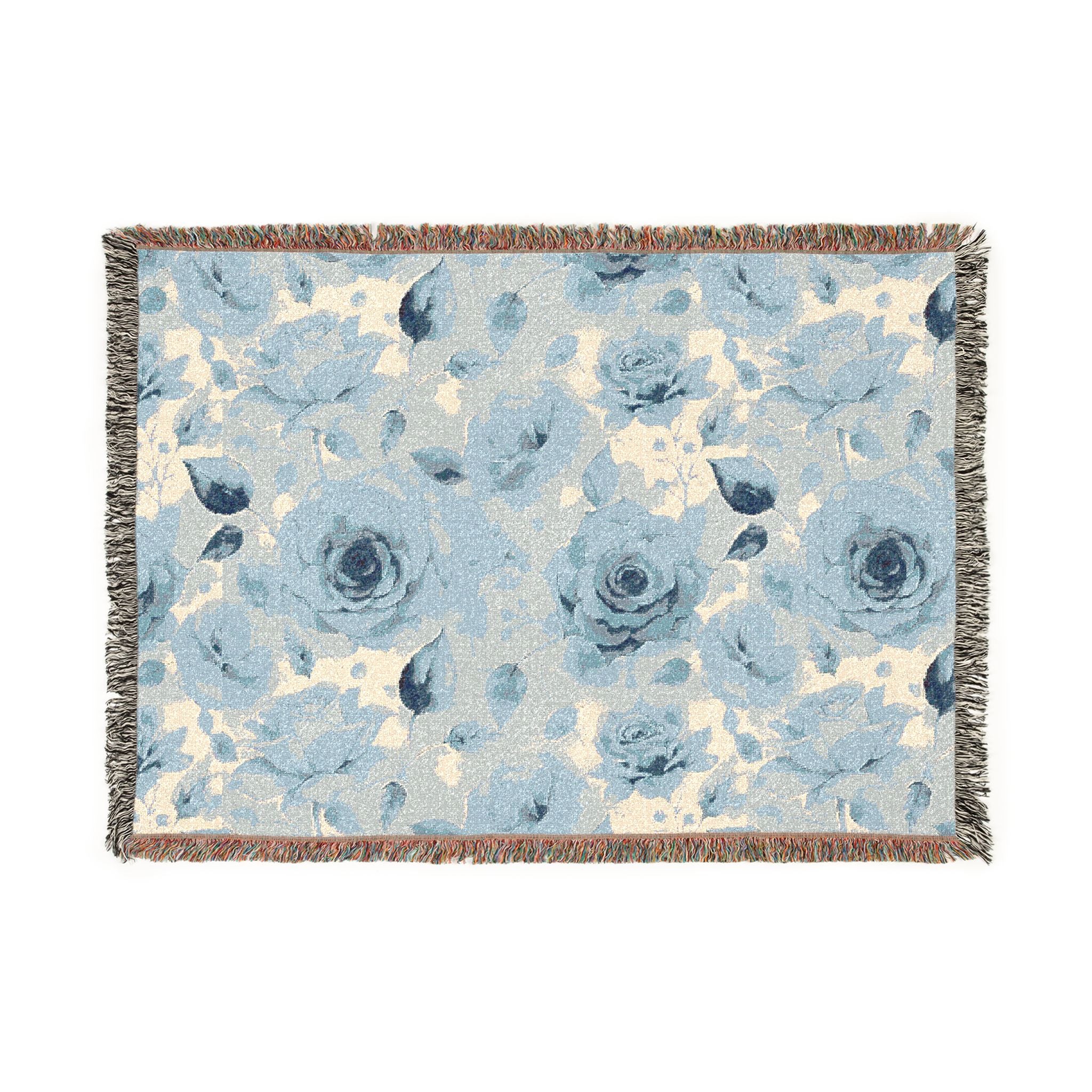 Blue Roses Floral Woven Blanket — Reversible Vintage Rose Throw for Living Room & Bedroom