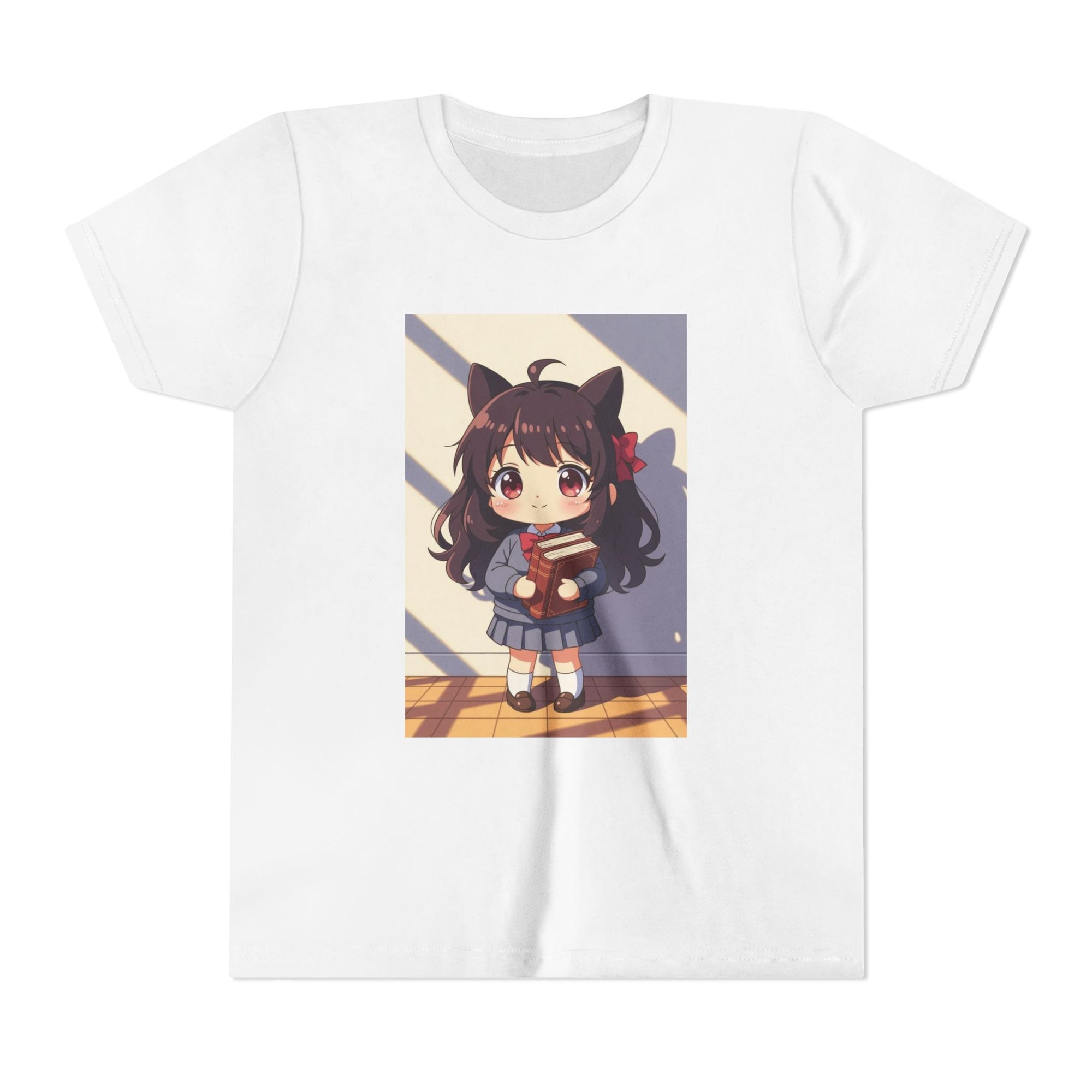 Bunny Bookworm Adventures: The Cute Anime Cat Girl Youth Tee, Kawaii T-Shirt, Teen Fashion, Gift for Anime Lovers, Summer Outfit, Playful Casual Wear