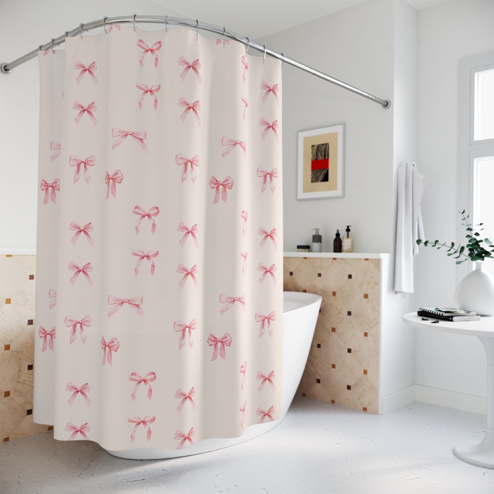 Pink Watercolor Bow Shower Curtain – Cute Feminine Bathroom Decor