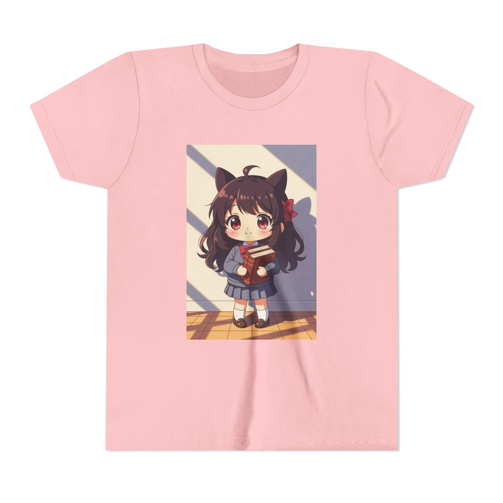Bunny Bookworm Adventures: The Cute Anime Cat Girl Youth Tee, Kawaii T-Shirt, Teen Fashion, Gift for Anime Lovers, Summer Outfit, Playful Casual Wear