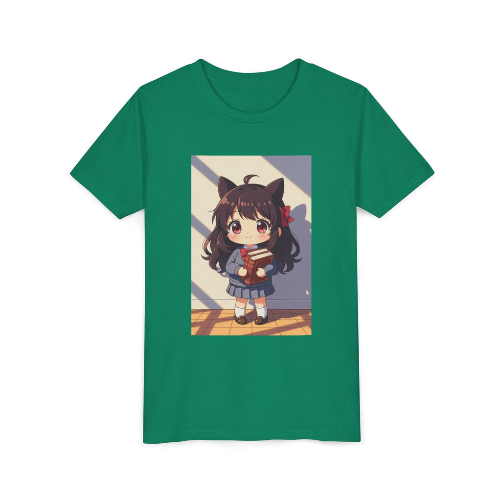 Bunny Bookworm Adventures: The Cute Anime Cat Girl Youth Tee, Kawaii T-Shirt, Teen Fashion, Gift for Anime Lovers, Summer Outfit, Playful Casual Wear