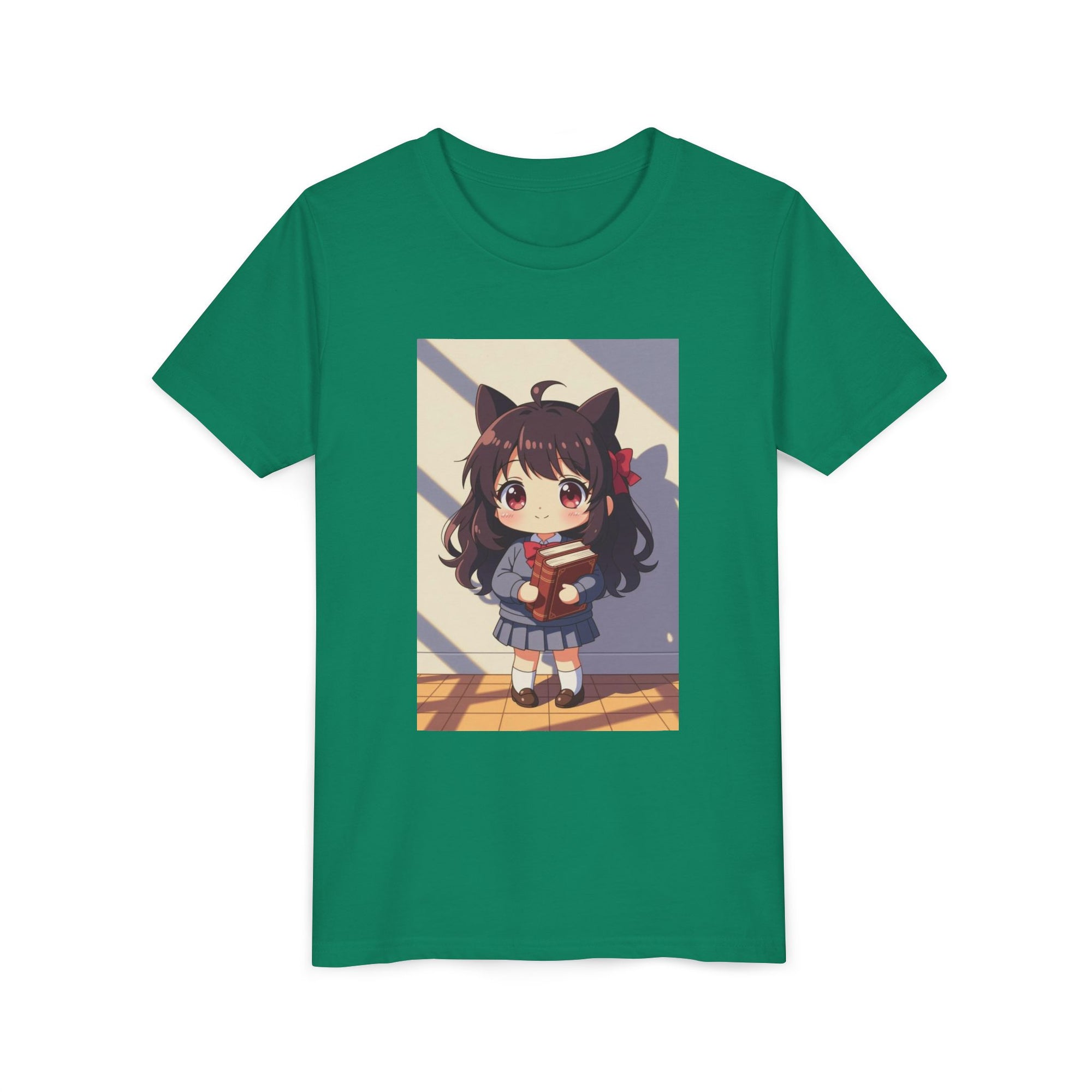 Bunny Bookworm Adventures: The Cute Anime Cat Girl Youth Tee, Kawaii T-Shirt, Teen Fashion, Gift for Anime Lovers, Summer Outfit, Playful Casual Wear