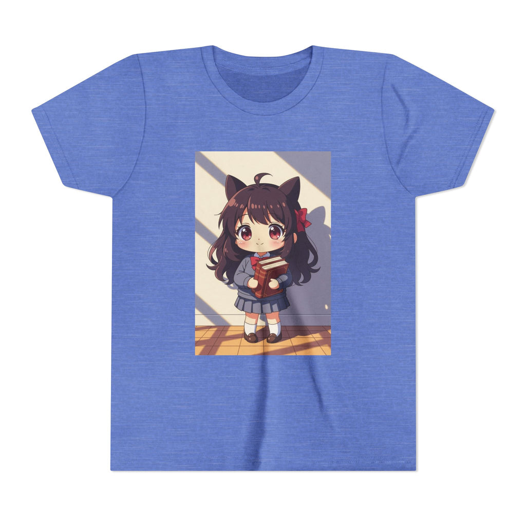 Bunny Bookworm Adventures: The Cute Anime Cat Girl Youth Tee, Kawaii T-Shirt, Teen Fashion, Gift for Anime Lovers, Summer Outfit, Playful Casual Wear