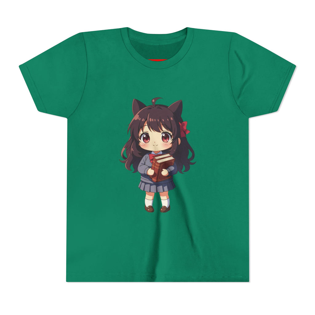 Bunny Bookworm Adventures: The Cute Anime Cat Girl Youth Tee, Kawaii T-Shirt, Teen Fashion, Gift for Anime Lovers, Summer Outfit, Playful Casual Wear