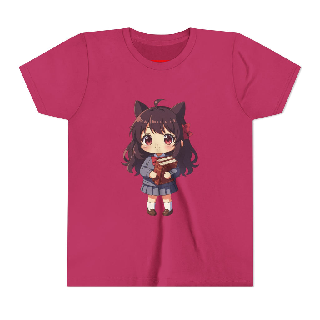 Bunny Bookworm Adventures: The Cute Anime Cat Girl Youth Tee, Kawaii T-Shirt, Teen Fashion, Gift for Anime Lovers, Summer Outfit, Playful Casual Wear