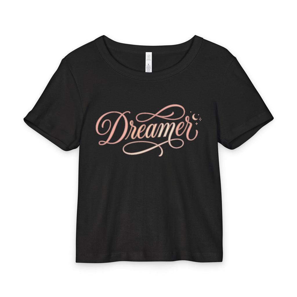 Dreamer Rib Baby Tee — Feminine 'Dreamer' Script Crop Tee with Moon Watercolor Back