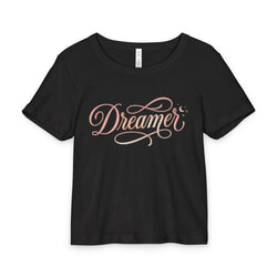 Dreamer Rib Baby Tee — Feminine 'Dreamer' Script Crop Tee with Moon Watercolor Back
