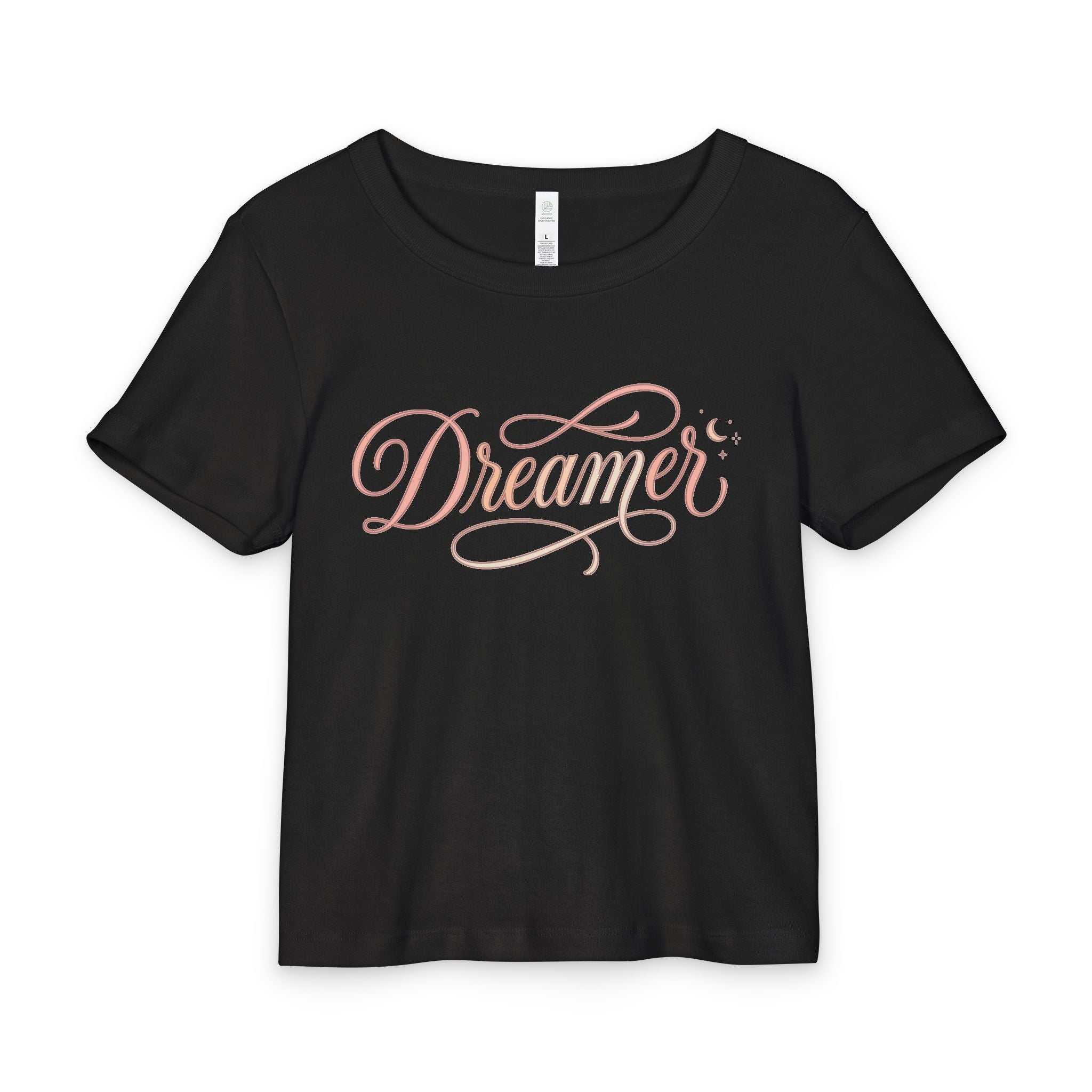 Dreamer Rib Baby Tee — Feminine 'Dreamer' Script Crop Tee with Moon Watercolor Back