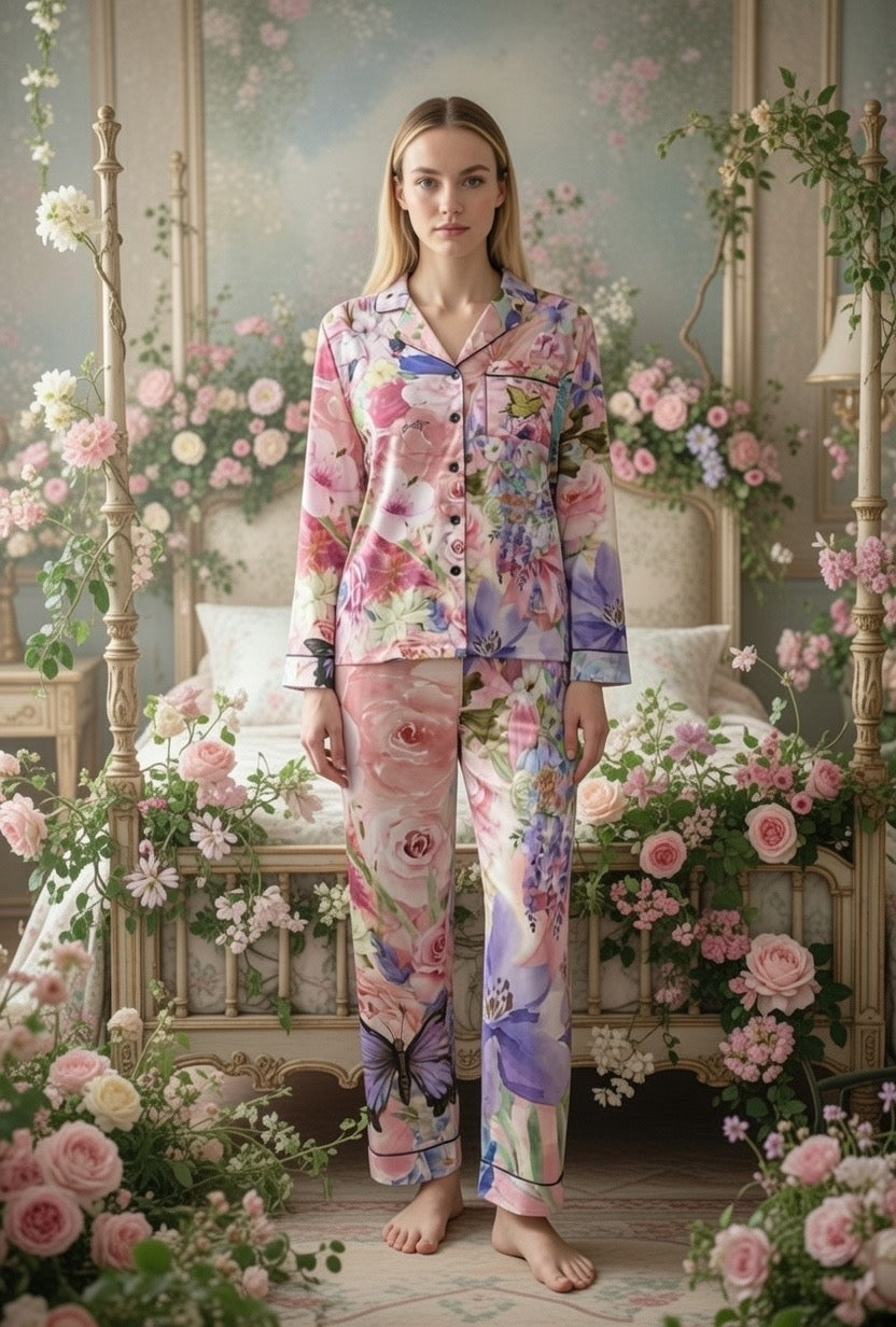 Woman wearing a floral pajama set in a decorated room with flowers and a bed.