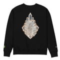 A black crewneck sweatshirt featuring a large, detailed graphic of a geometric crystal structure in the center. The graphic has a metallic silver and gold outline with a glowing effect.