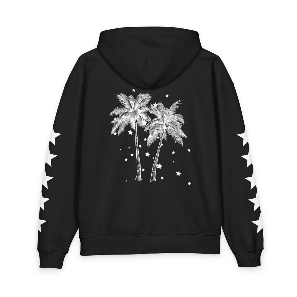 Black hoodie with palm tree and star design on the back, on a white background