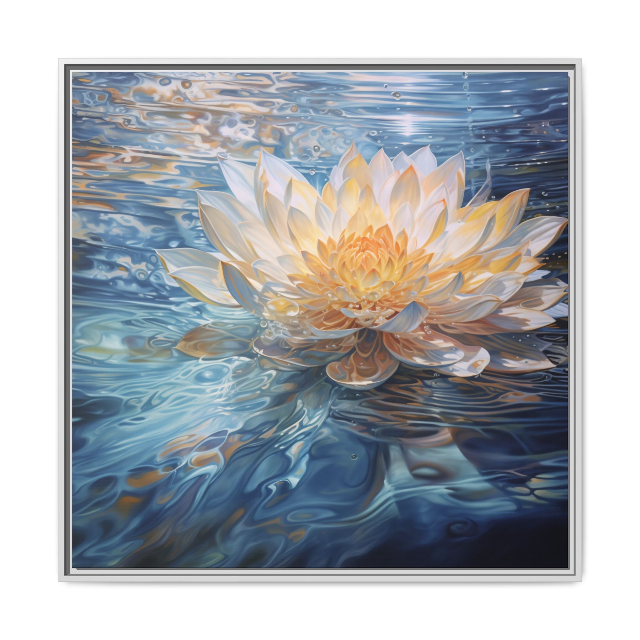 Framed artwork of a lotus flower in water with a blue and gold gradient.