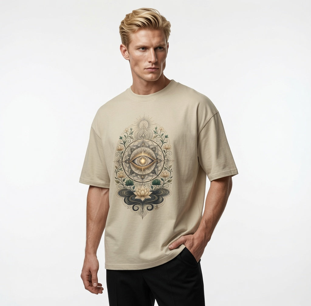 Man wearing a beige t-shirt with the lotus design on a plain background