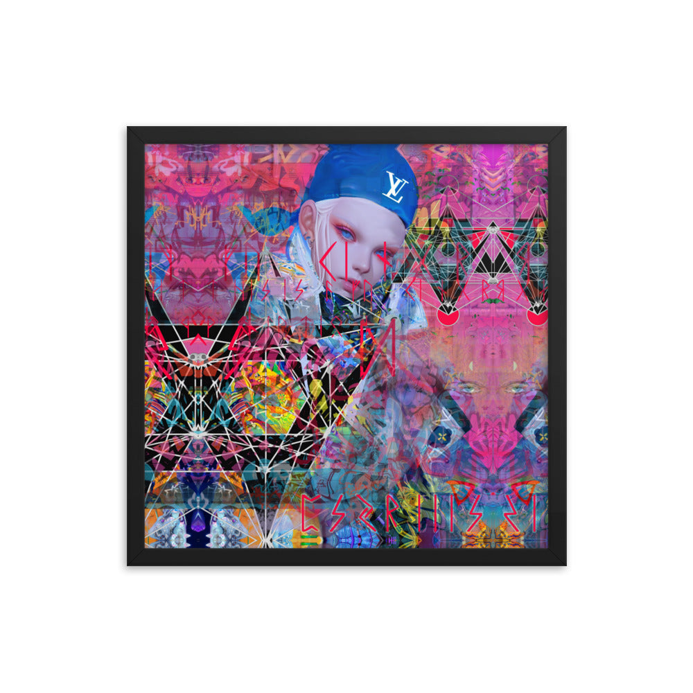 Framed poster featuring a colorful, abstract, and contemporary art-inspired design with a character wearing a blue hat and sunglasses in a vibrant, psychedelic style.