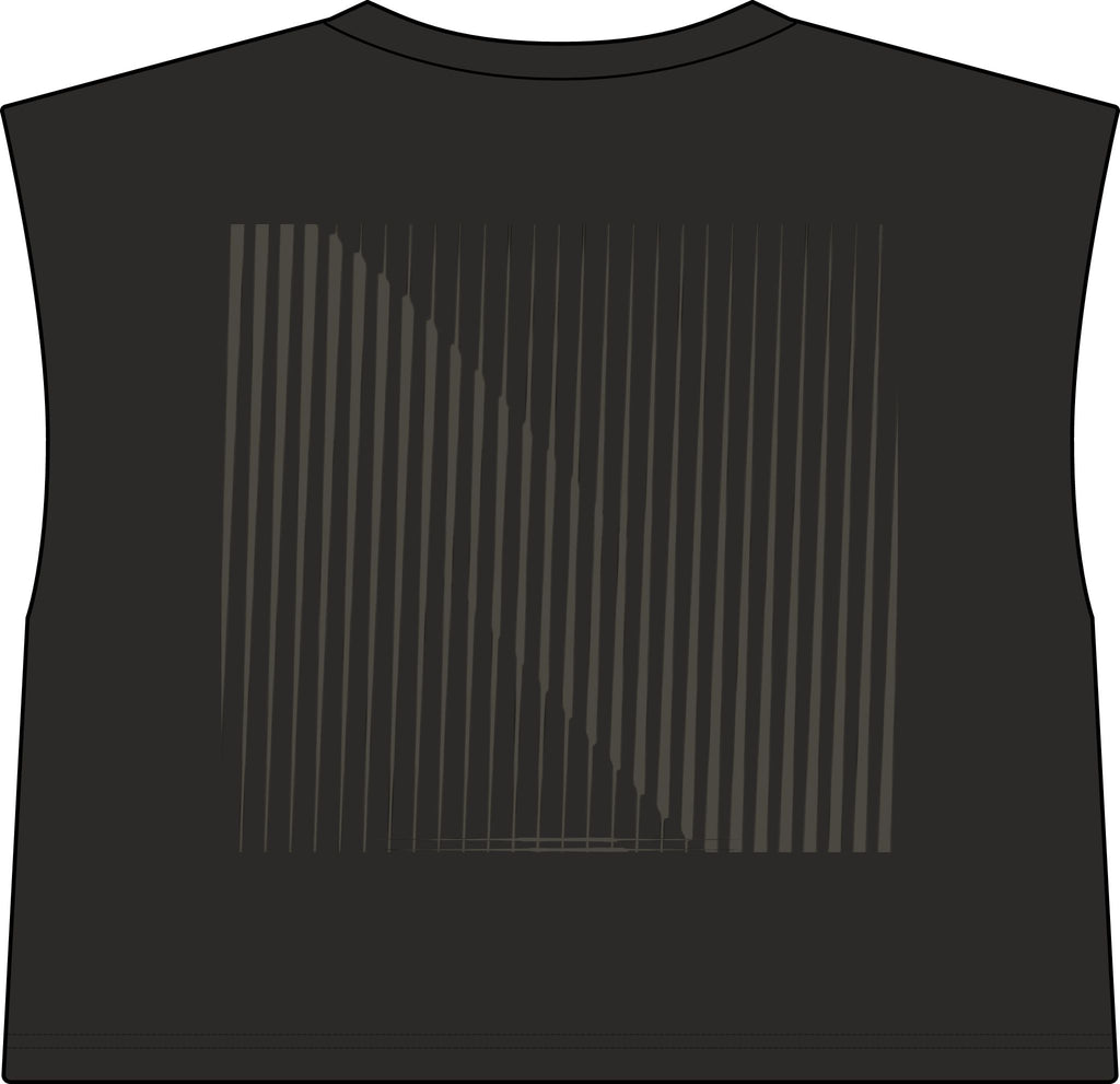 A sleeveless faded ash black crop top featuring a large graphic print on the front with vertical stripes forming a large 'N' shape in a dark gray color.
