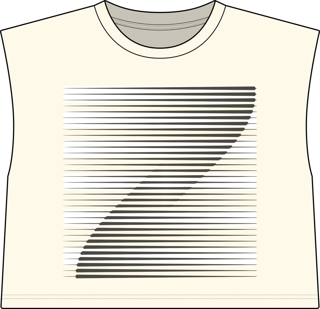 A sleeveless faded cream-colored t-shirt with a graphic print featuring horizontal black, gray, and white stripes that form a large stylized 'S' shape on the front.