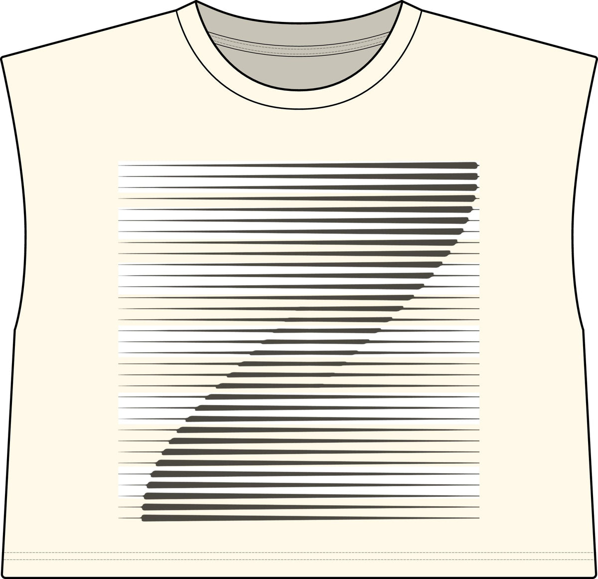 A sleeveless faded cream-colored t-shirt with a graphic print featuring horizontal black, gray, and white stripes that form a large stylized 'S' shape on the front.