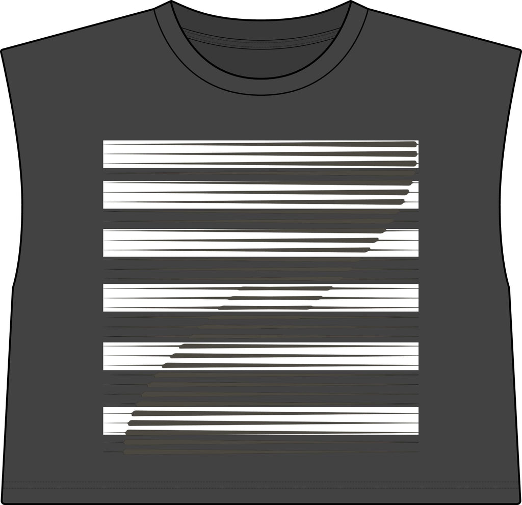 A sleeveless ash faded black crop top with a crew neck, featuring a white horizontal stripe graphic across the front, shown on a plain white background.