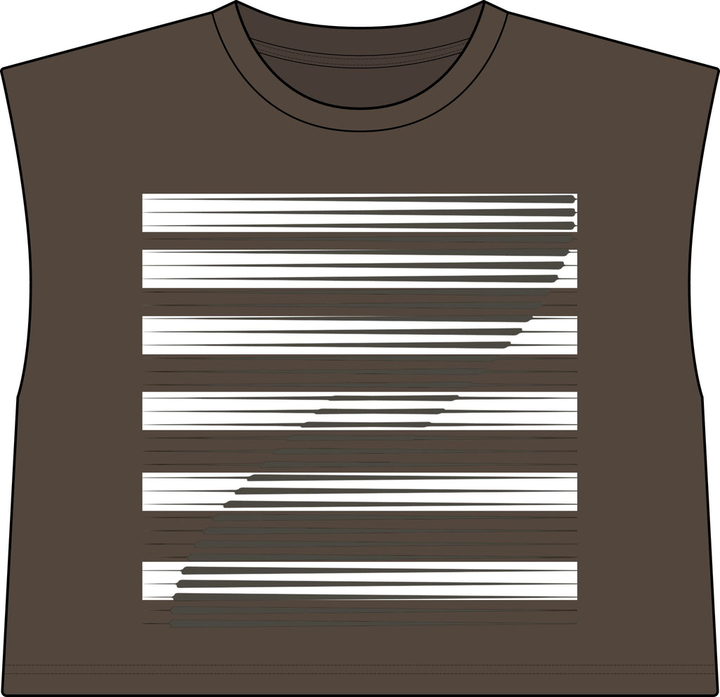 A sleeveless faded brown crop top with a crew neck, featuring a white horizontal stripe graphic across the front, shown on a plain white background.