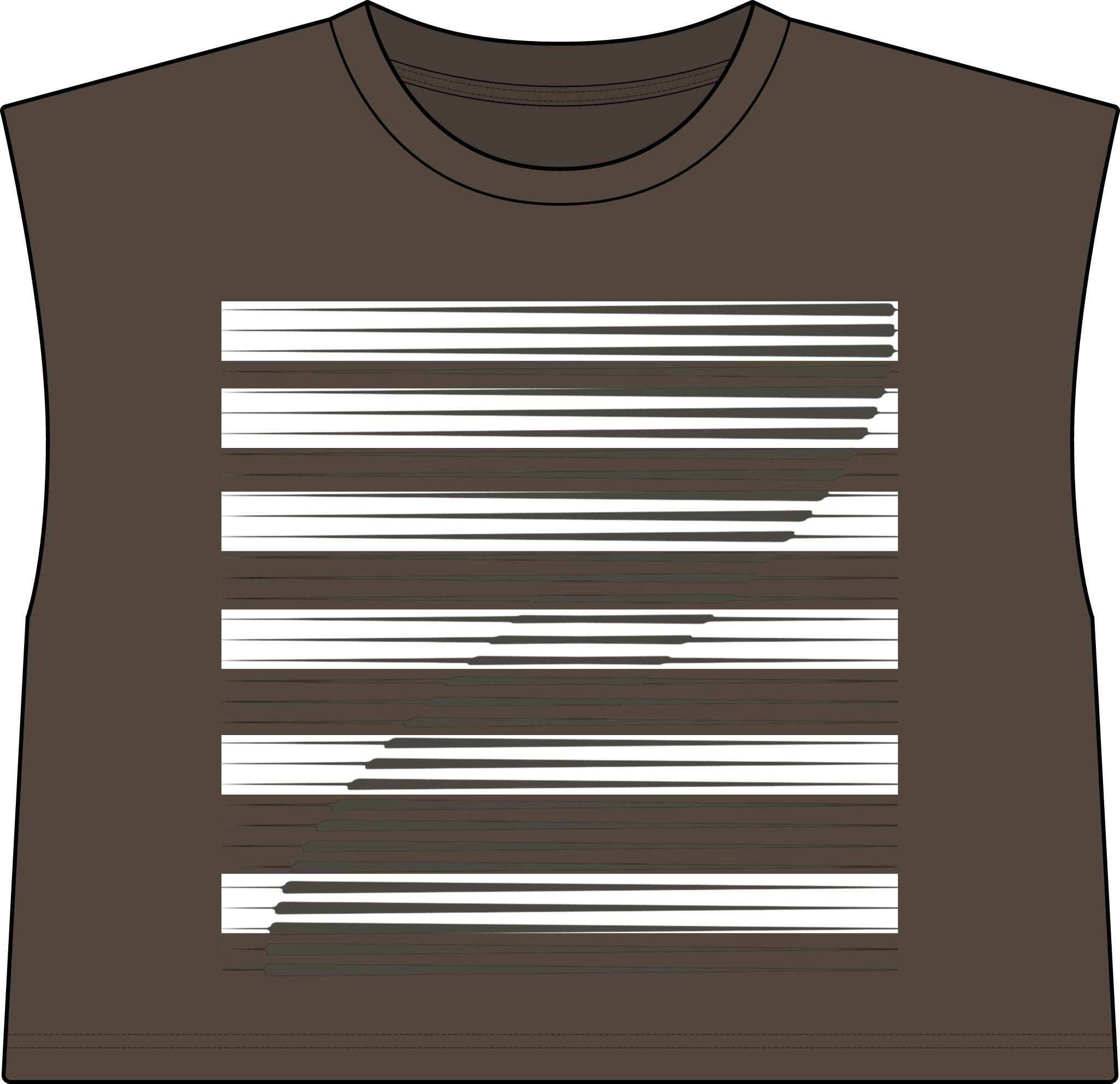 A sleeveless faded brown crop top with a crew neck, featuring a white horizontal stripe graphic across the front, shown on a plain white background.