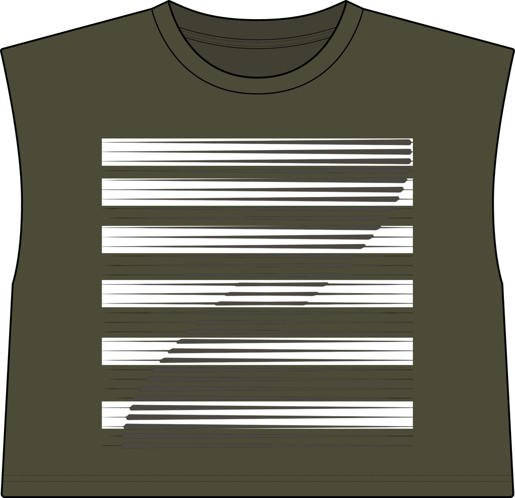 A sleeveless faded army green crop top with a crew neck, featuring a white horizontal stripe graphic across the front, shown on a plain white background.