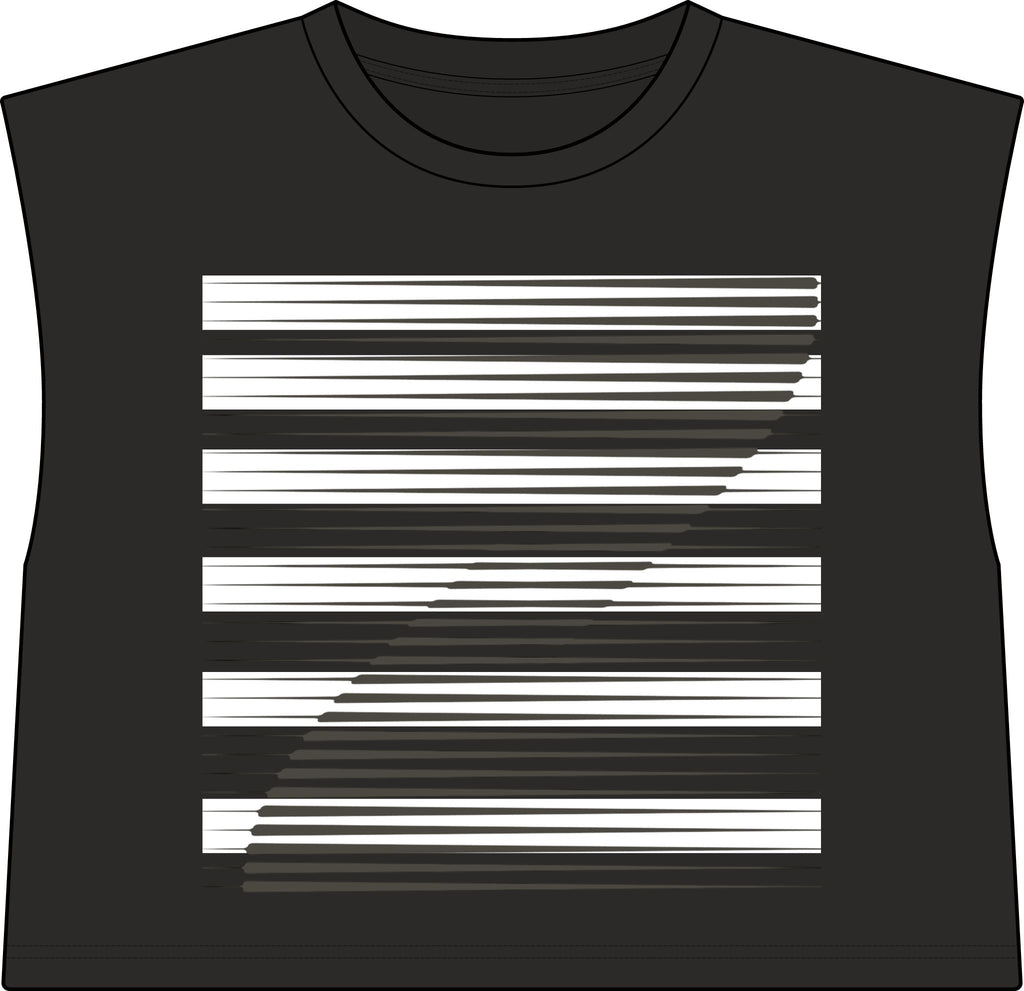 A sleeveless faded black crop top featuring a graphic of horizontal white and dark gray stripes with a diagonal gradient overlay, shown on a plain white background.