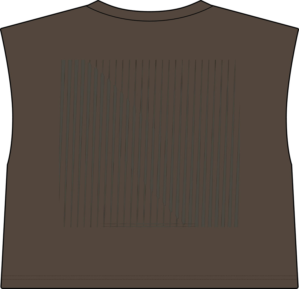 A sleeveless cropped tank top shown from the back, in a faded brown color with a vertical striped pattern across the upper back.