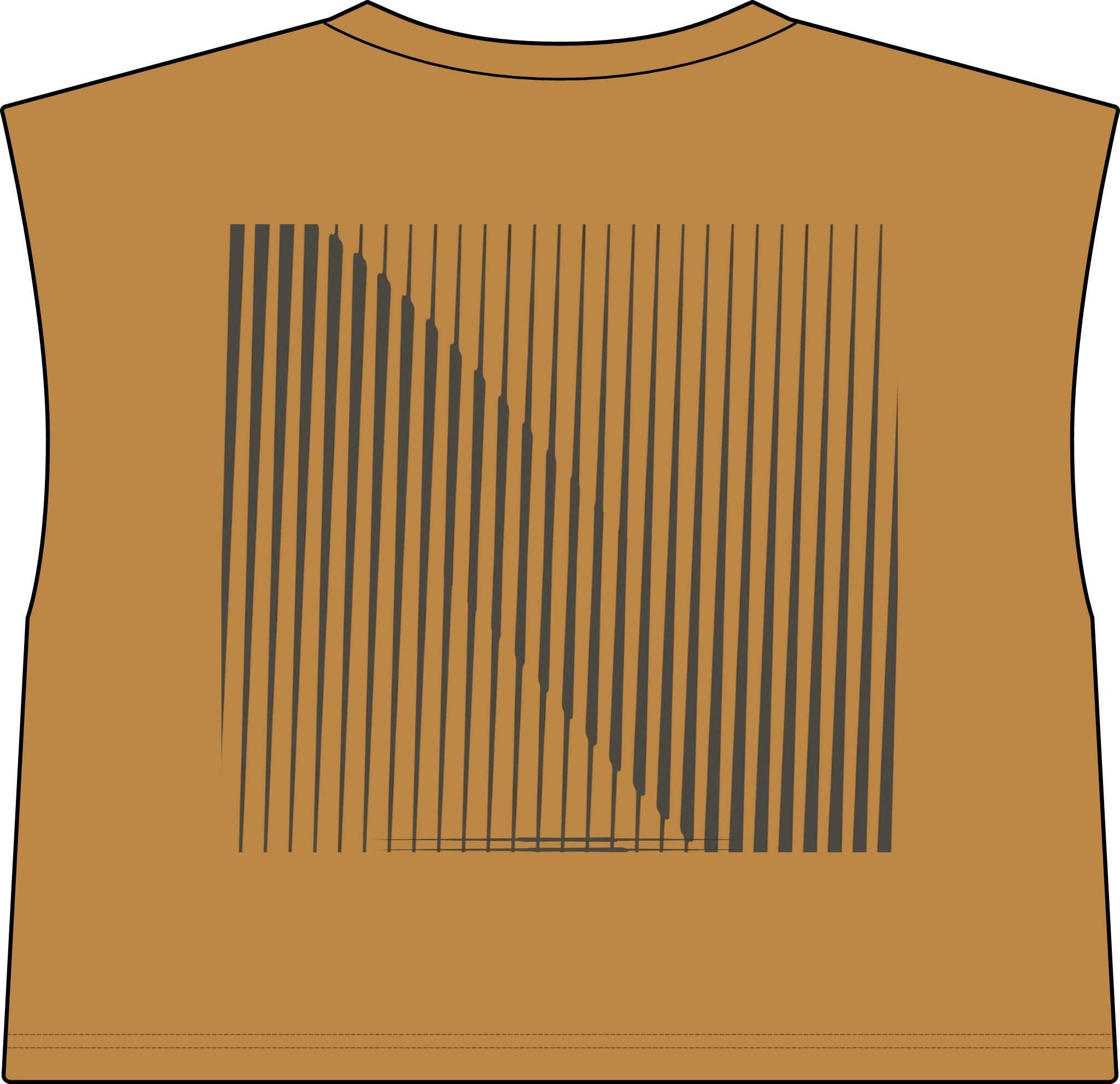 A sleeveless faded burnt umber crop top with a large black vertical stripe graphic on the front, shown on a plain white background.