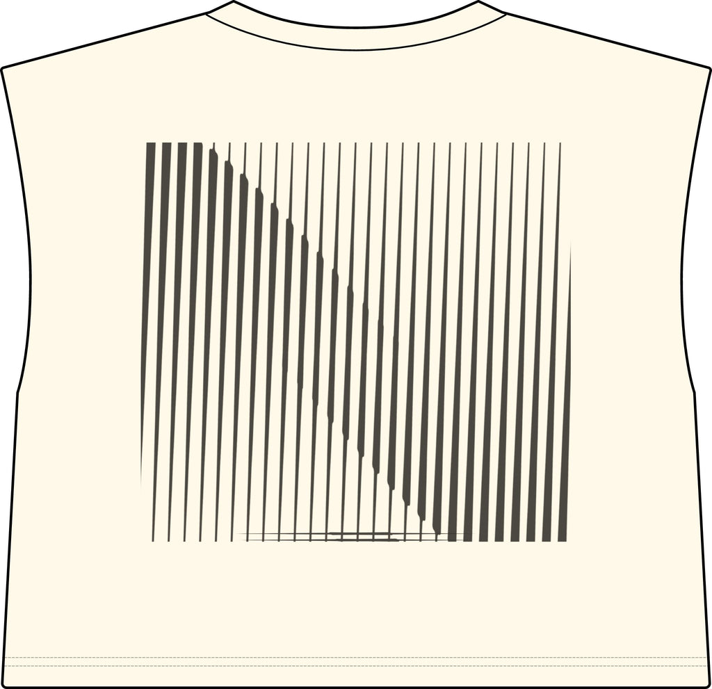 A sleeveless faded cream-colored vest mockup featuring a large black vertical stripe optical illusion graphic on the front.