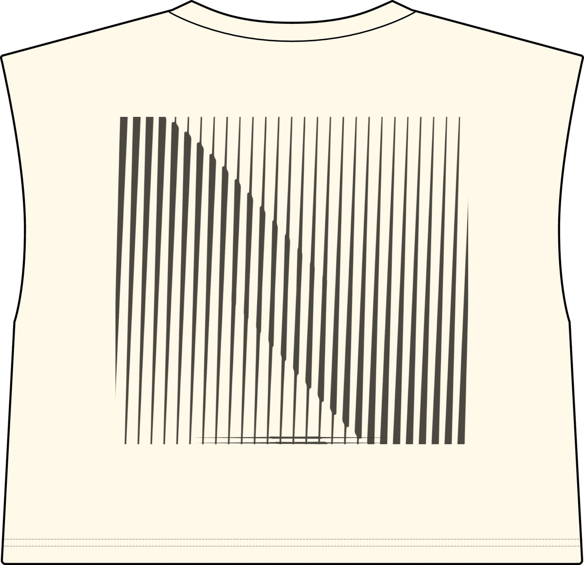 A sleeveless faded cream-colored vest mockup featuring a large black vertical stripe optical illusion graphic on the front.