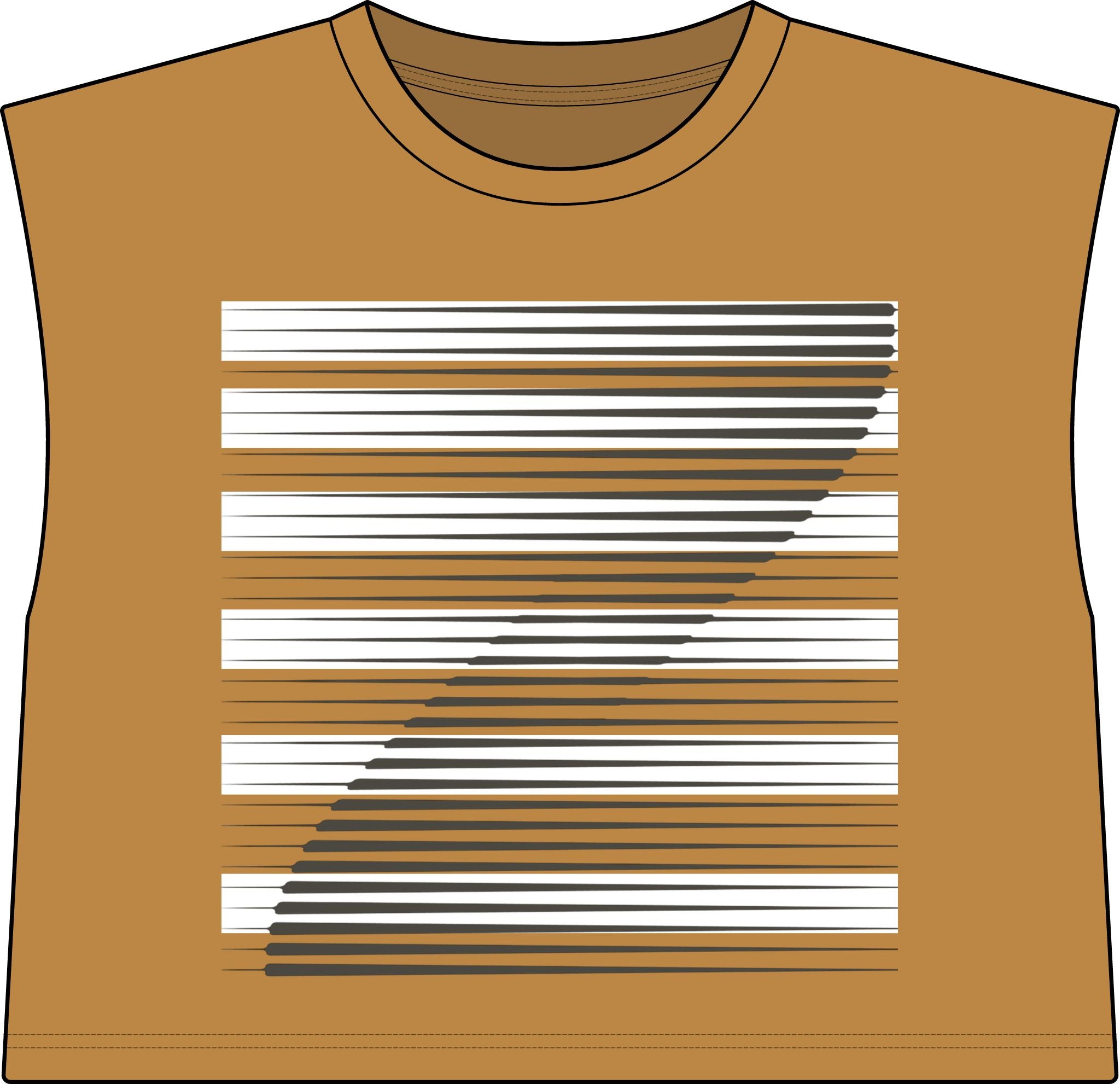 A sleeveless faded umber crop top with a crew neck, featuring a graphic print of horizontal white and dark gray stripes on the front.